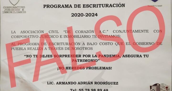 Gobierno estatal de Puebla aclara que no realiza el Programa de Escrituración 2020-2024