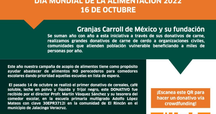 Fundación Granjas Carroll de México hace campaña de acopio de alimentos